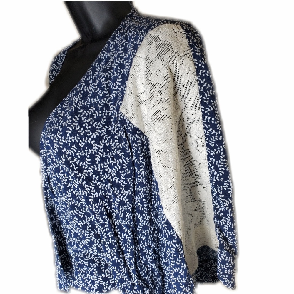 Embroidered Open Front Blouse with Lace Sleeves